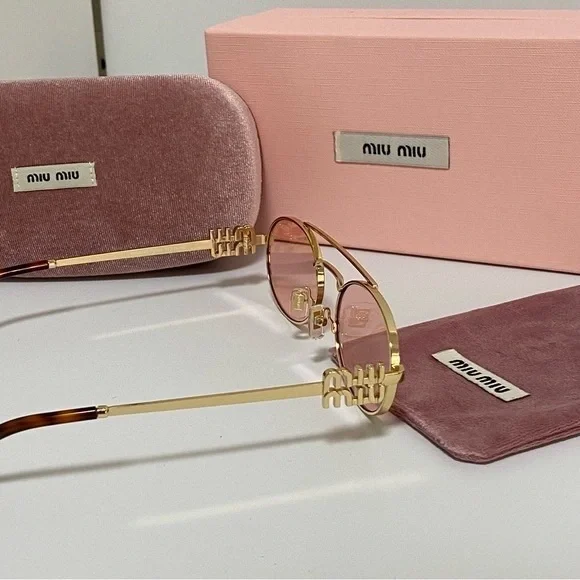 Miu Miu Pink Lens Gold Frame Oval Sunglasses - Picture 2 of 6